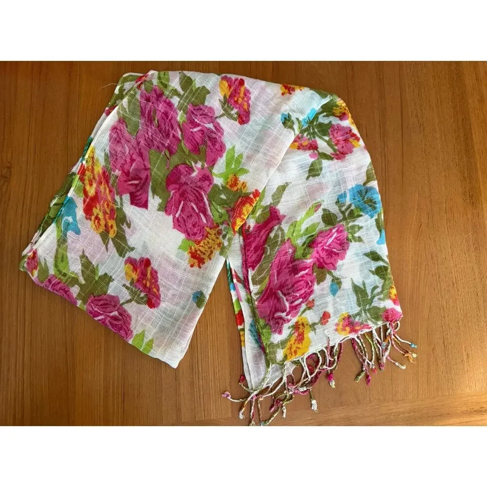 Floral Rose Print Tassel Scarf White Pink 100% Viscose Lightweight Wrap Shawl